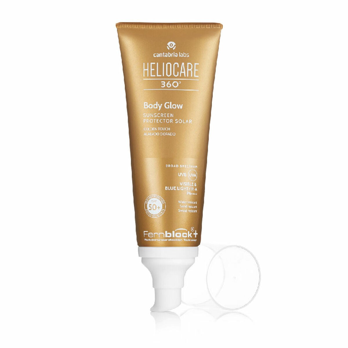 Heliocare Body Glow sunscreen tube with gold packaging, SPF 50, unisex dermocosmetics for sun protection.