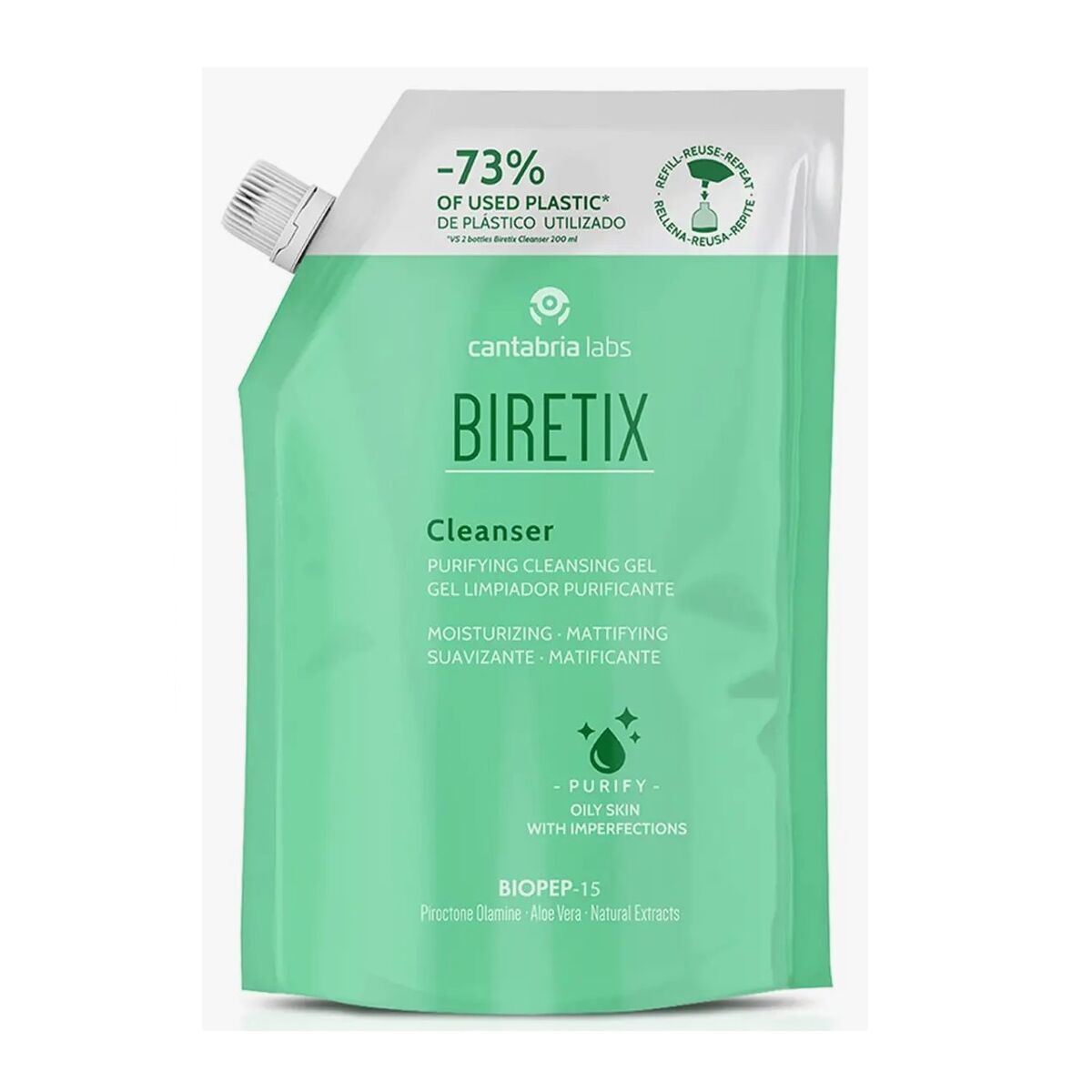 Gel nettoyant BIRETIX 400 ml, purifying cleansing gel for oily skin, moisturizing and mattifying formula.