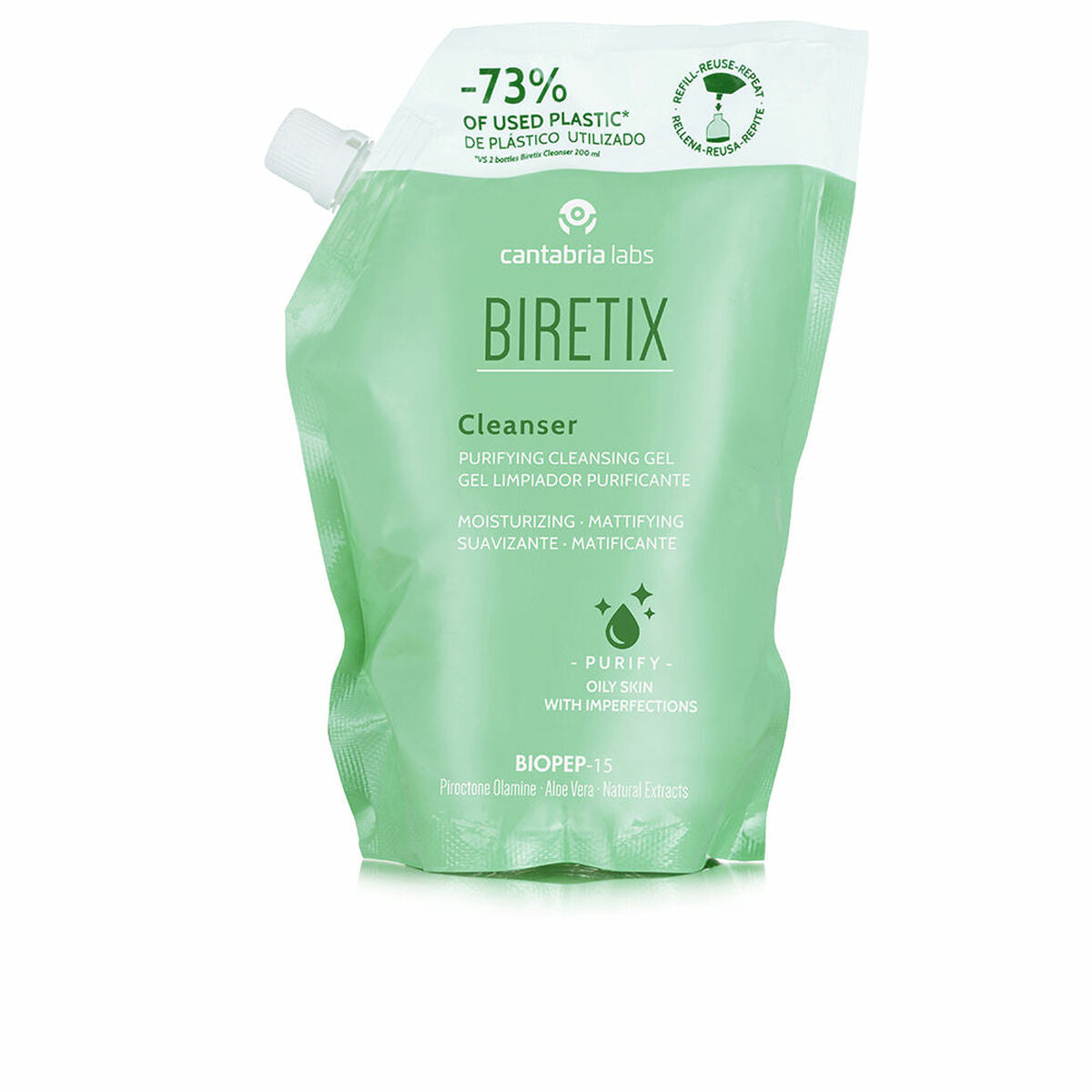 Gel nettoyant visage BIRETIX par Cantabria Labs, purifiant et matifiant, idéal pour les peaux à imperfections.