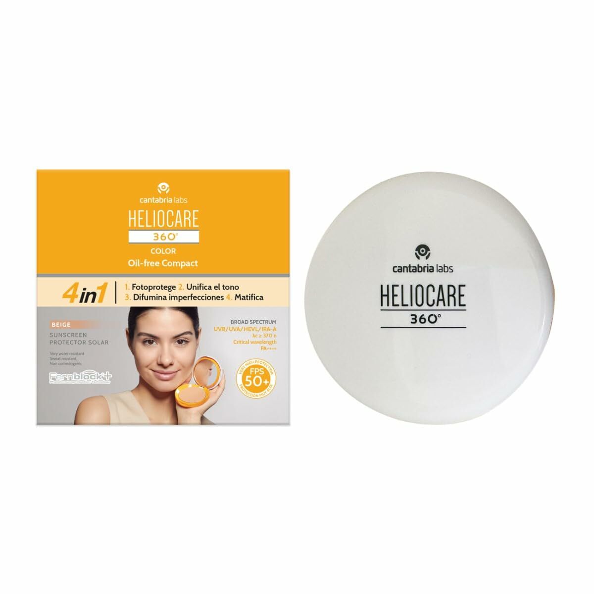 Crème solaire compacte Heliocare 360 Beige SPF 50+ 10 g, protection solaire et unifiant de teint.