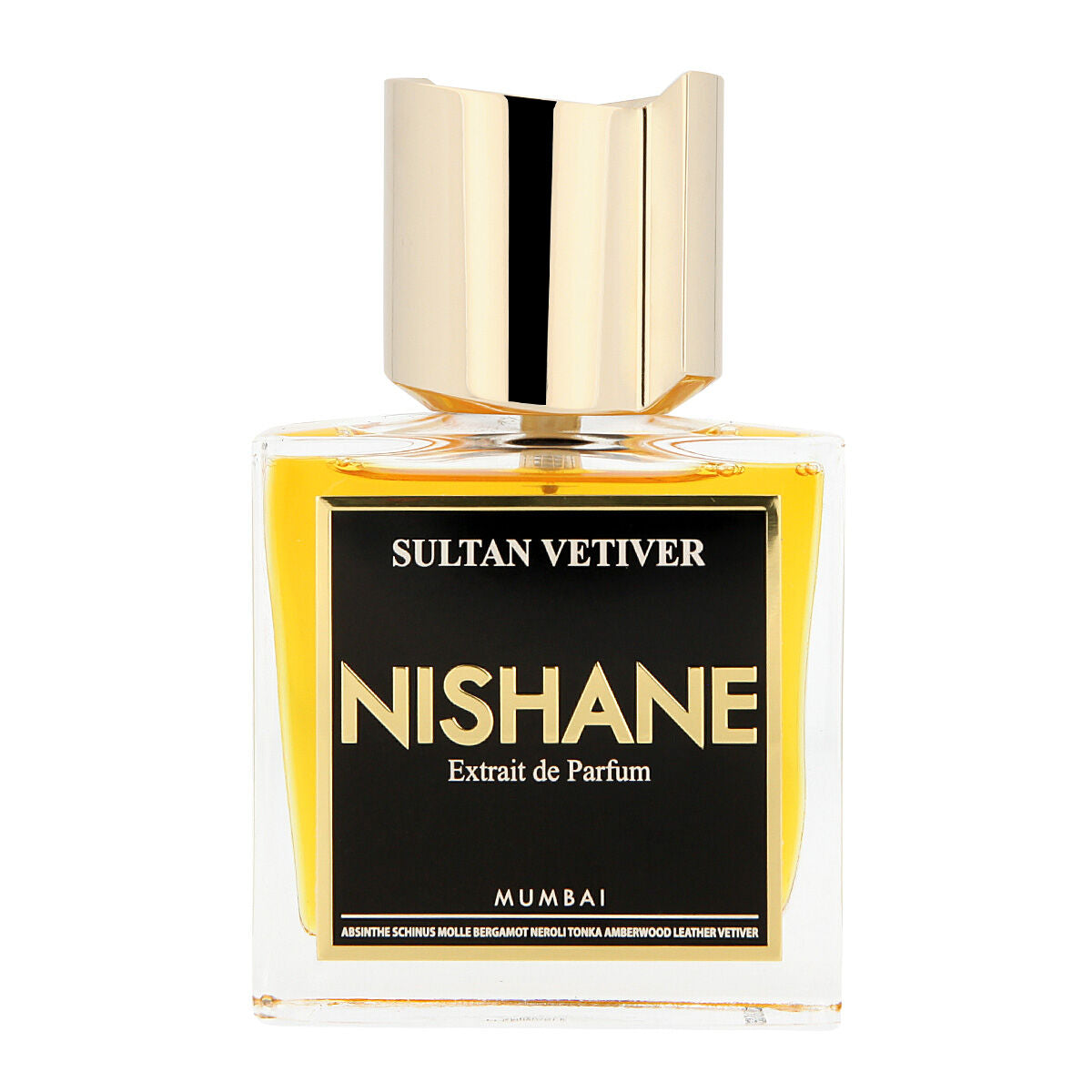 Flacon de parfum unisexe Nishane Sultan Vetiver EDP 50 ml, extrait de parfum avec bouchon doré.