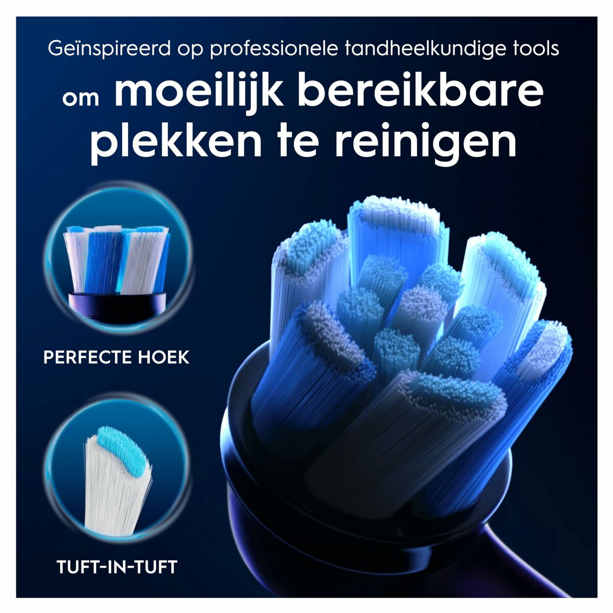 Oral-B replacement brush head features specialized bristles for tough-to-reach areas and optimal cleaning performance.