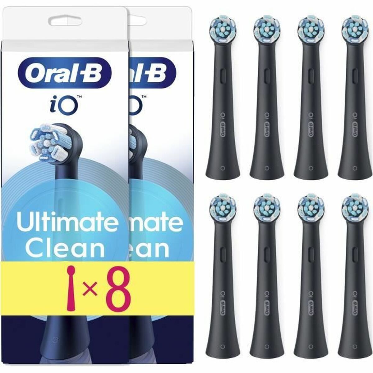 Pack of 8 Oral-B iO replacement heads in black for ultimate clean, featuring advanced cleaning technology.