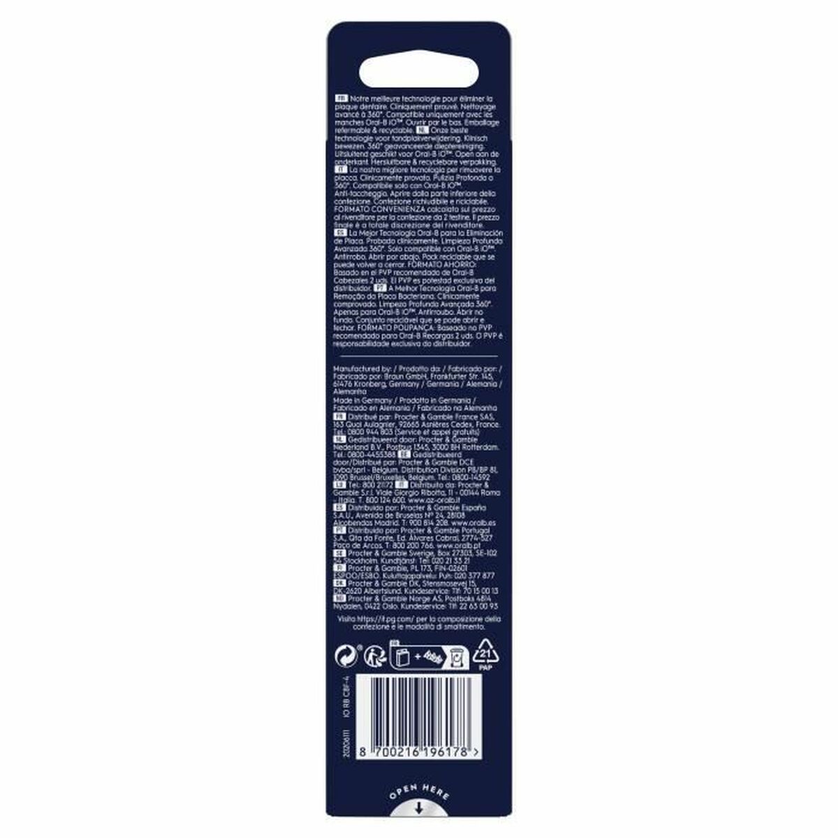 Pack back view of Oral-B Noir replacement head with safety and usage information.