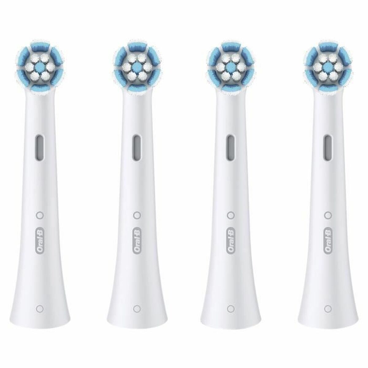 Tête de rechange Oral-B, ensemble de quatre brosses à dents, design blanc, nettoyage optimal pour un sourire sain.