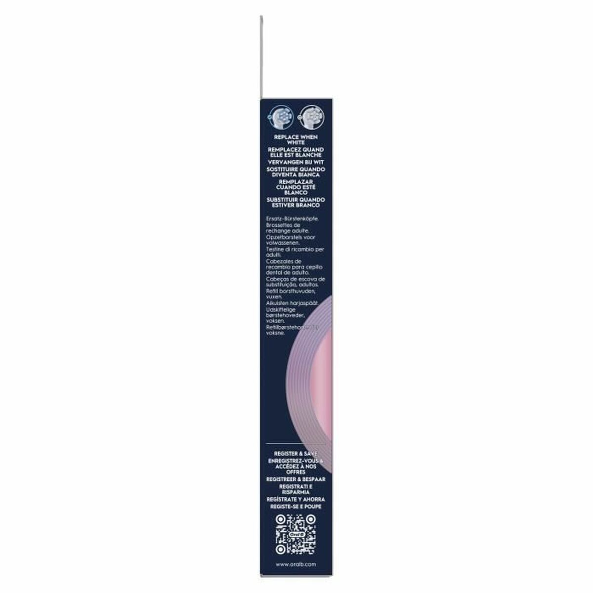 Packaging for Oral-B replacement head with usage instructions and safety information.