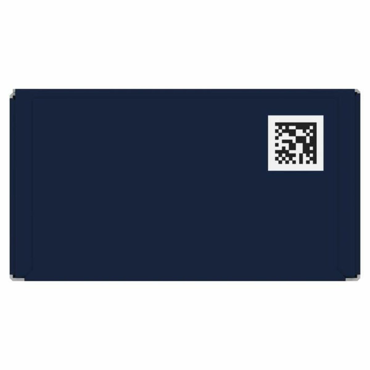 Design of a navy blue rectangular card featuring a QR code on the right side.
