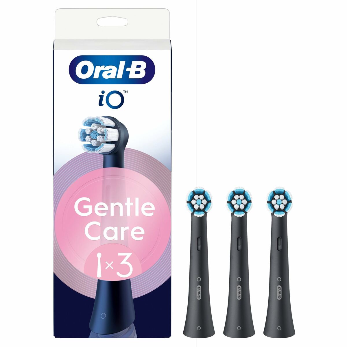 Tête de rechange Oral-B IO Gentle Care 3 unités en noir pour un nettoyage doux et efficace.
