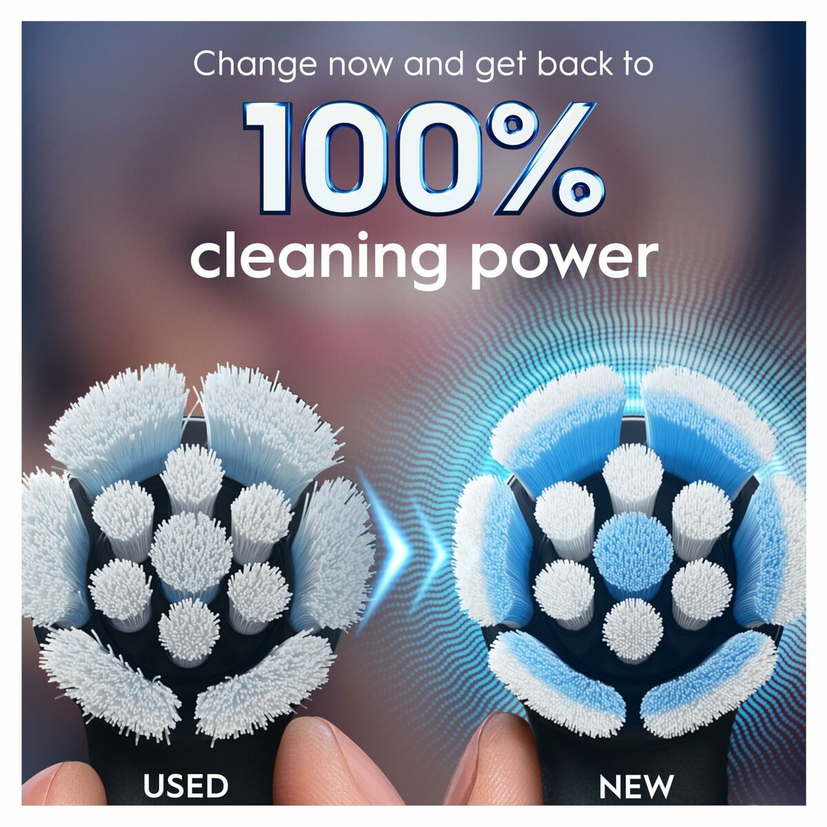 Comparison of used and new Oral-B brush heads highlighting 100% cleaning power restoration.