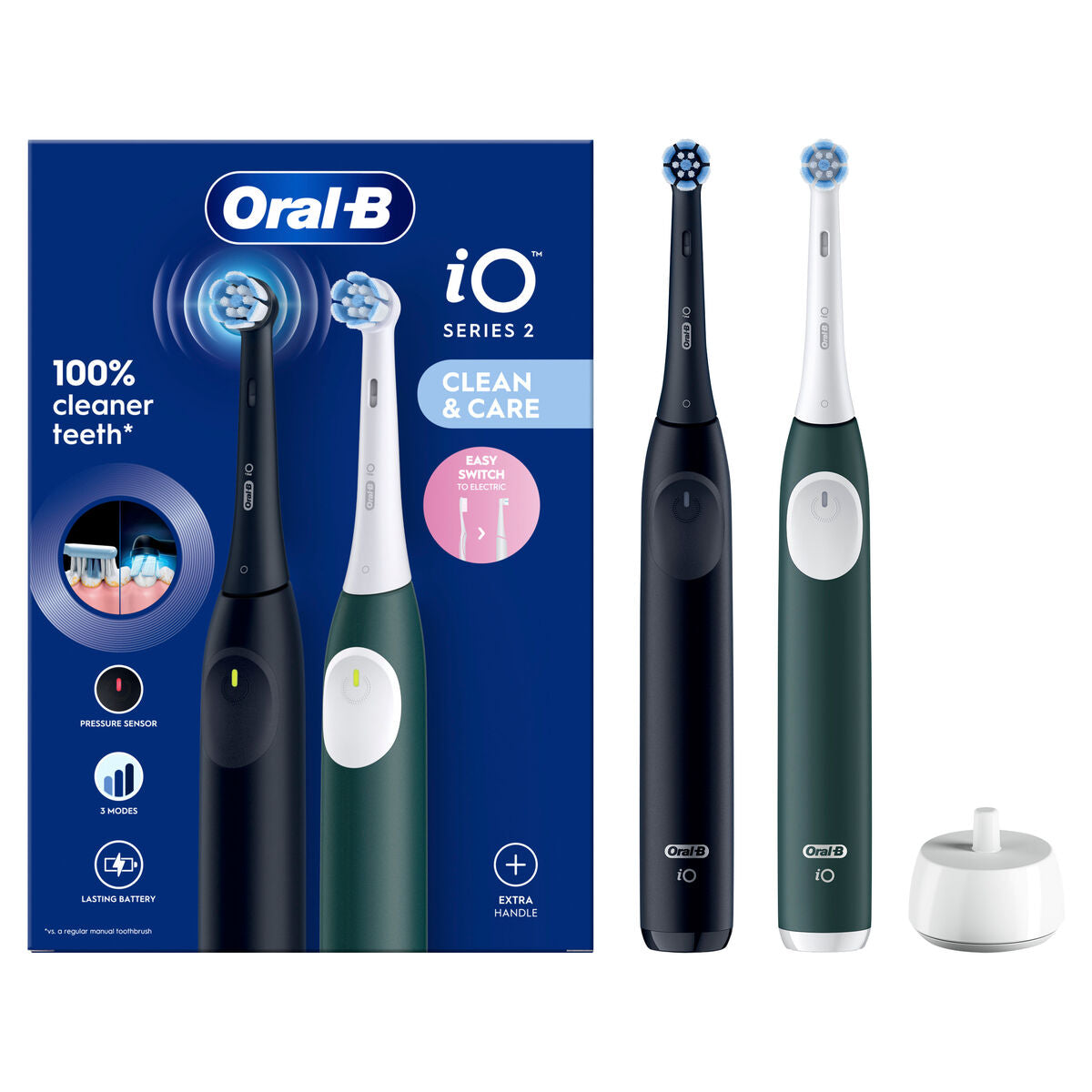 Brosse à dents électrique Oral-B iO Series 2 avec affichage, accessoires et emballage coloré.