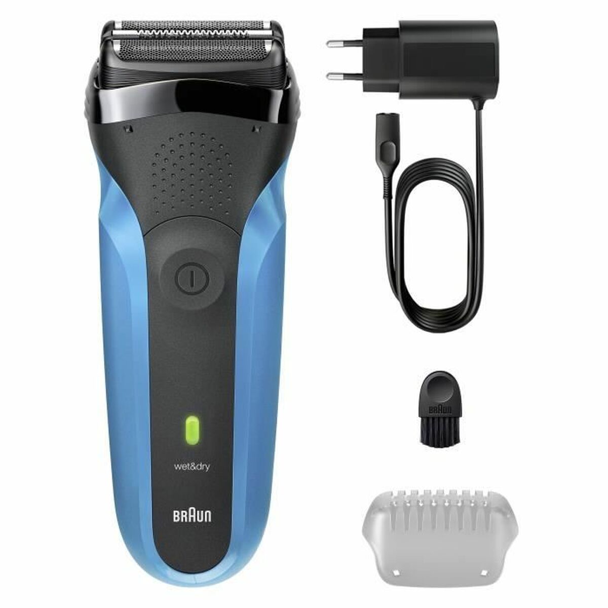 Rasoir electrique Braun Series 3 en bleu avec chargeur, câble et accessoire de coupe.
