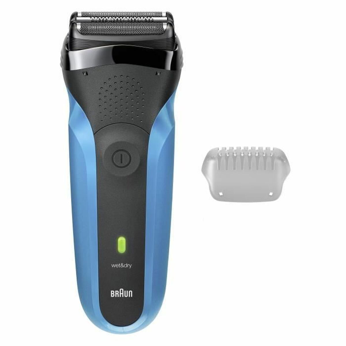 Rasoir electrique Braun Series 3 en bleu, avec une tête de rasage et un sabot, idéal pour le soin du corps.