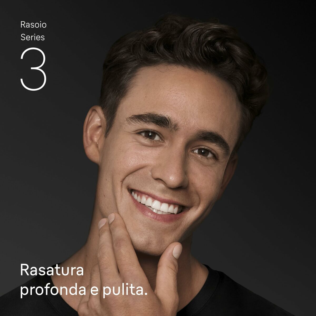 Young man smiling with smooth skin, promoting Braun Series 3 shaving products for a deep and clean shave.