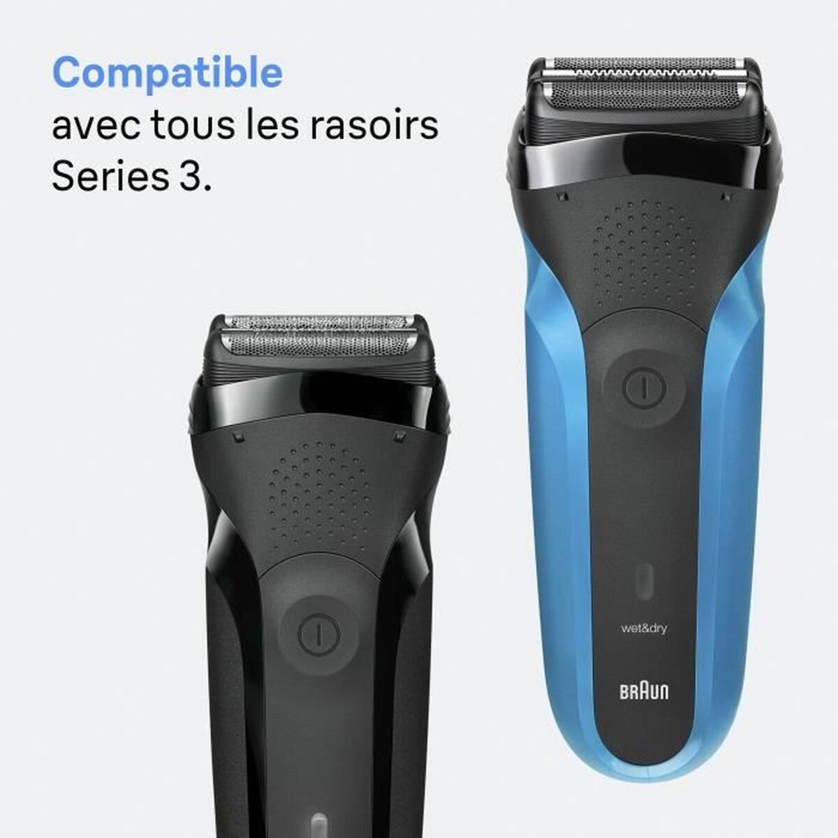 Compatible Braun Series 3 replacement heads with black and blue shavers, showcasing sleek design and functionality.