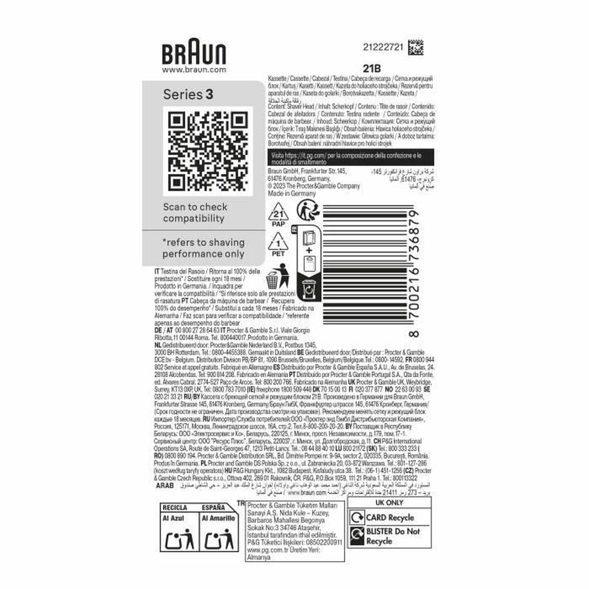 Braun Series 3 replacement head packaging with QR code, product information, and general safety regulations.
