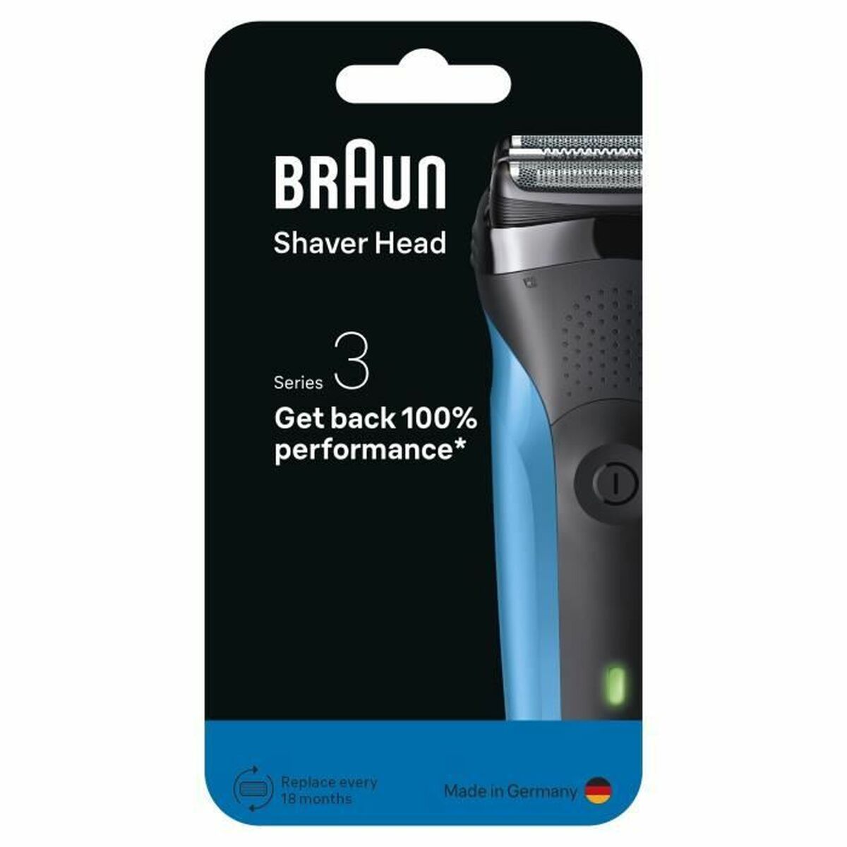 Tête de rechange Braun Series 3 en emballage, fabriquée en Allemagne, performance optimale garantie.