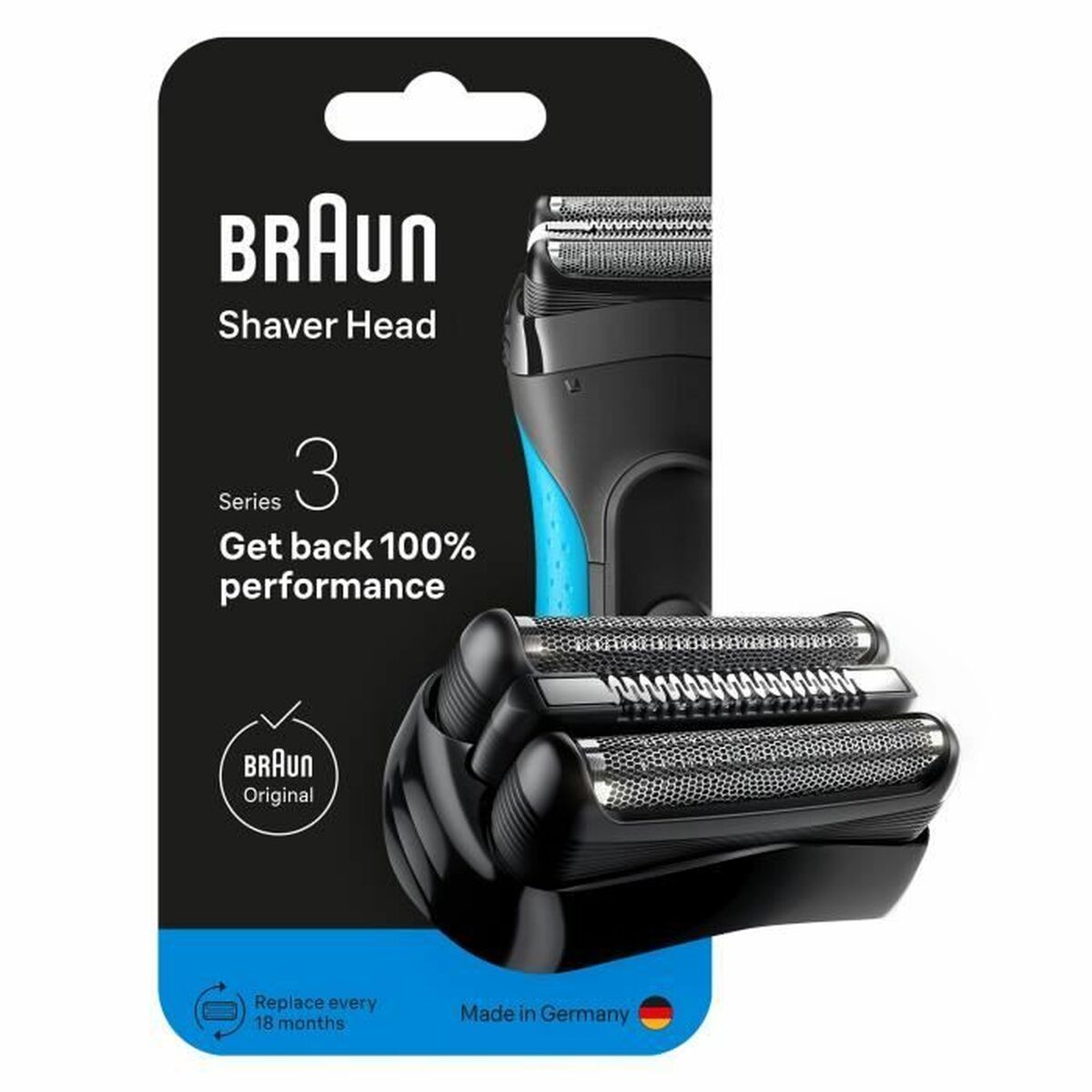 Braun Series 3 shaver head replacement pack featuring stainless steel blades and original design, made in Germany.