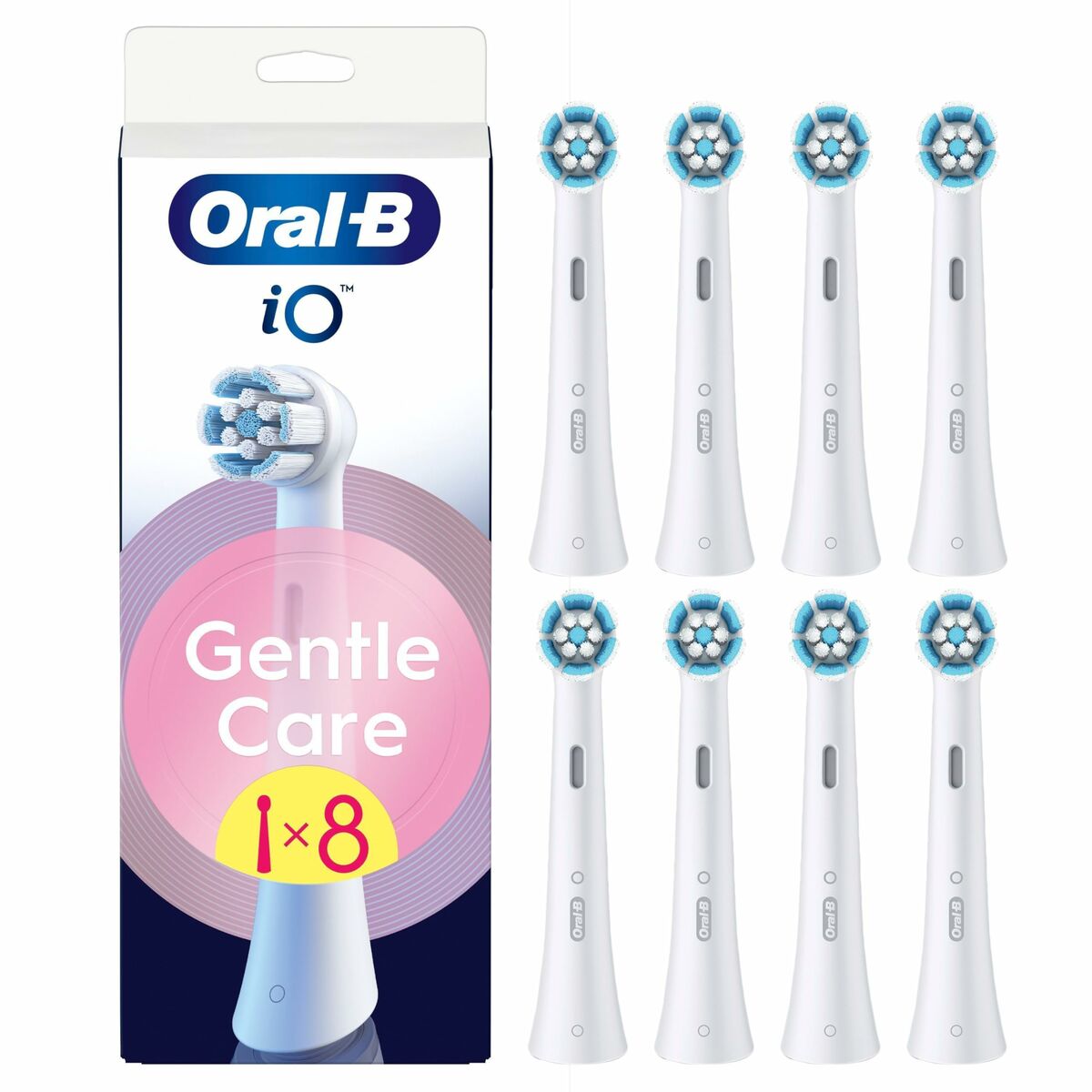 Têtes de rechange Oral-B iO Gentle Care, paquet de 8 unités, conçu pour un nettoyage doux et efficace des dents.