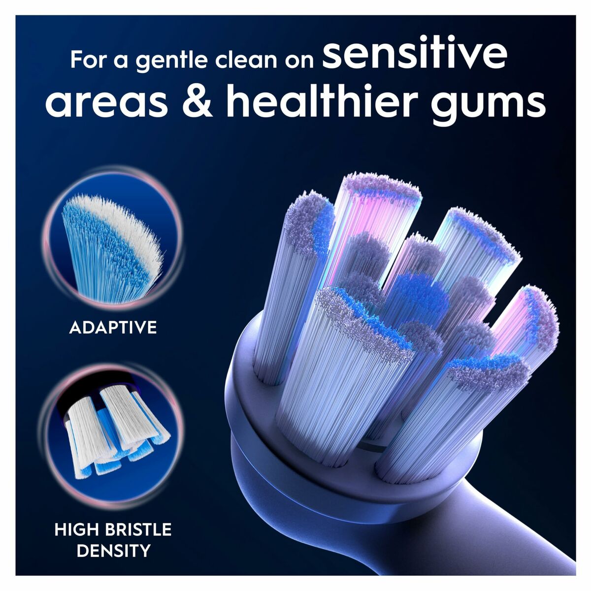 Oral-B replacement brush head features adaptive cleaning and high bristle density for sensitive areas and healthier gums.