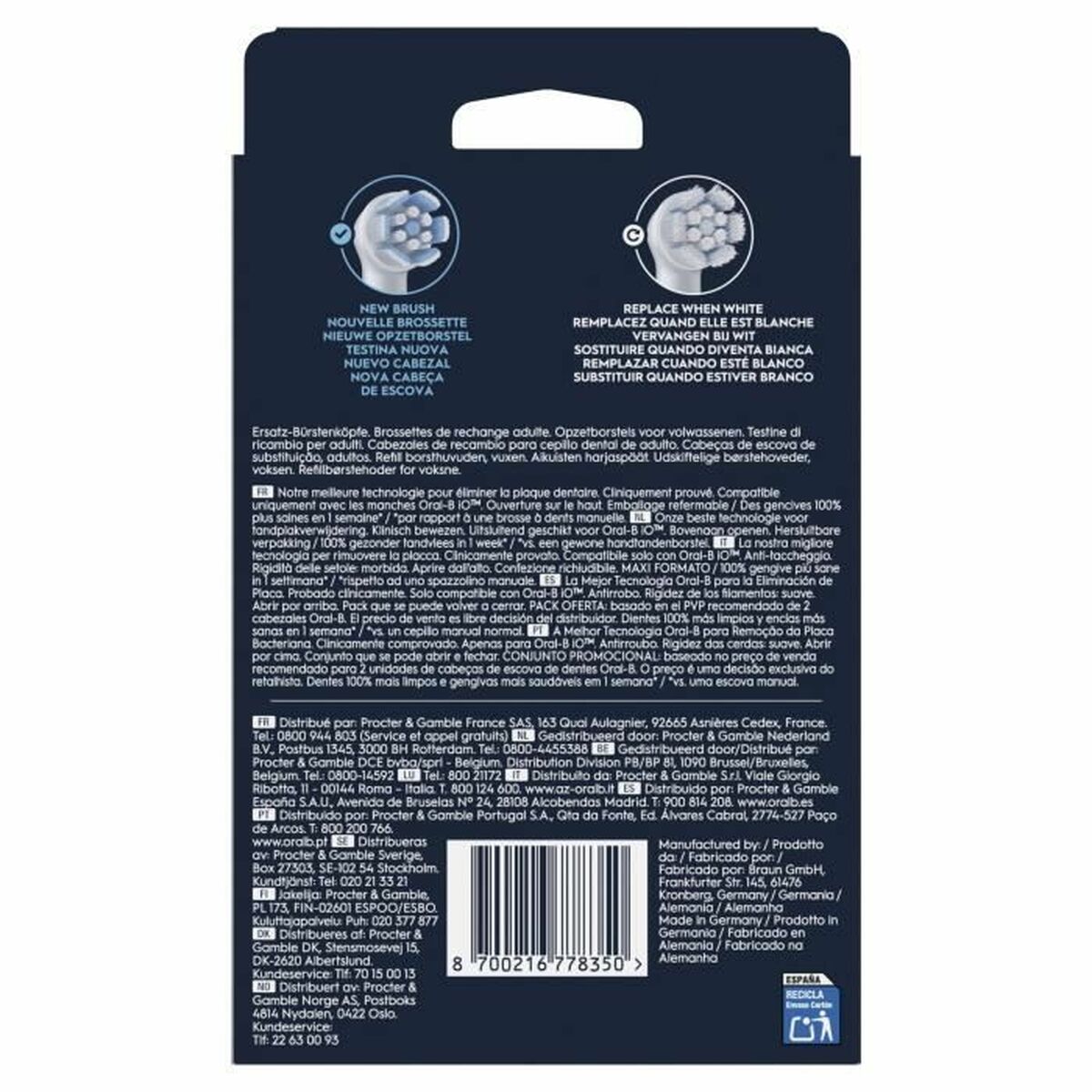Back of Oral-B replacement brush head packaging with usage instructions and product details.