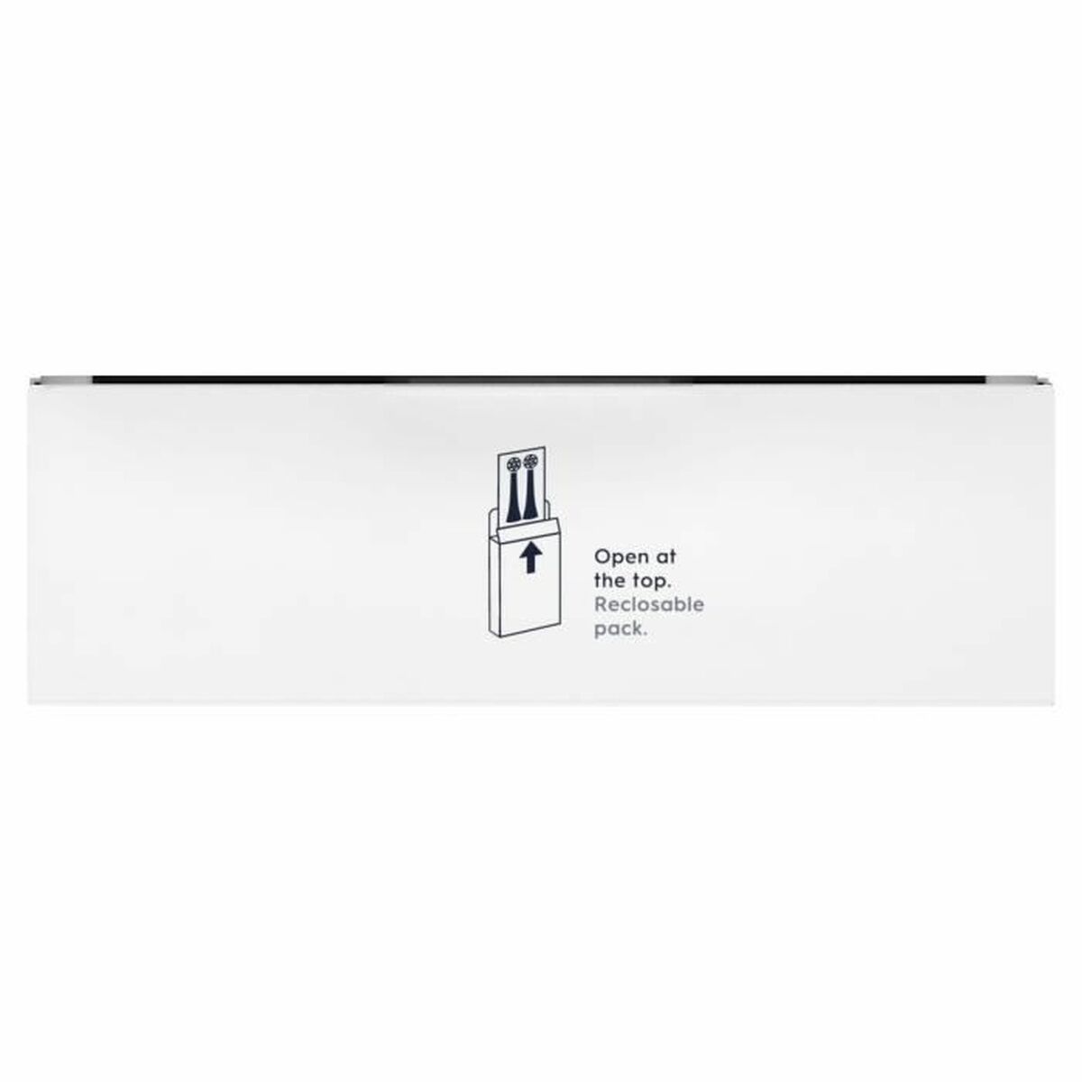 Packaging instruction for Oral-B head replacement, showing how to open the reclosable pack from the top.