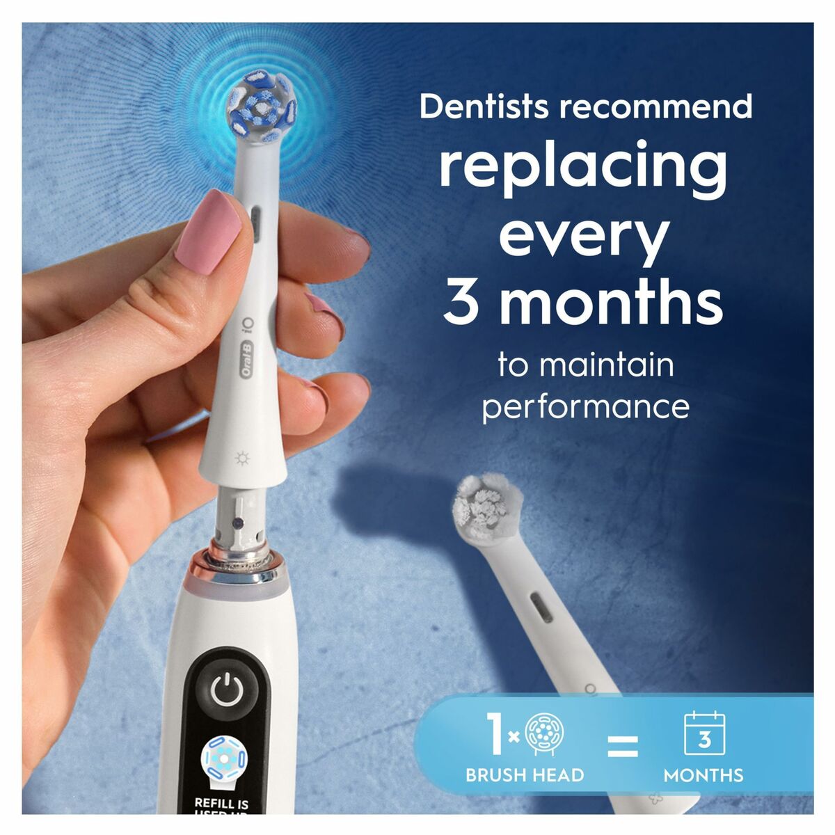 Image of Oral-B toothbrush head being replaced; dentists recommend changing every 3 months for optimal performance.