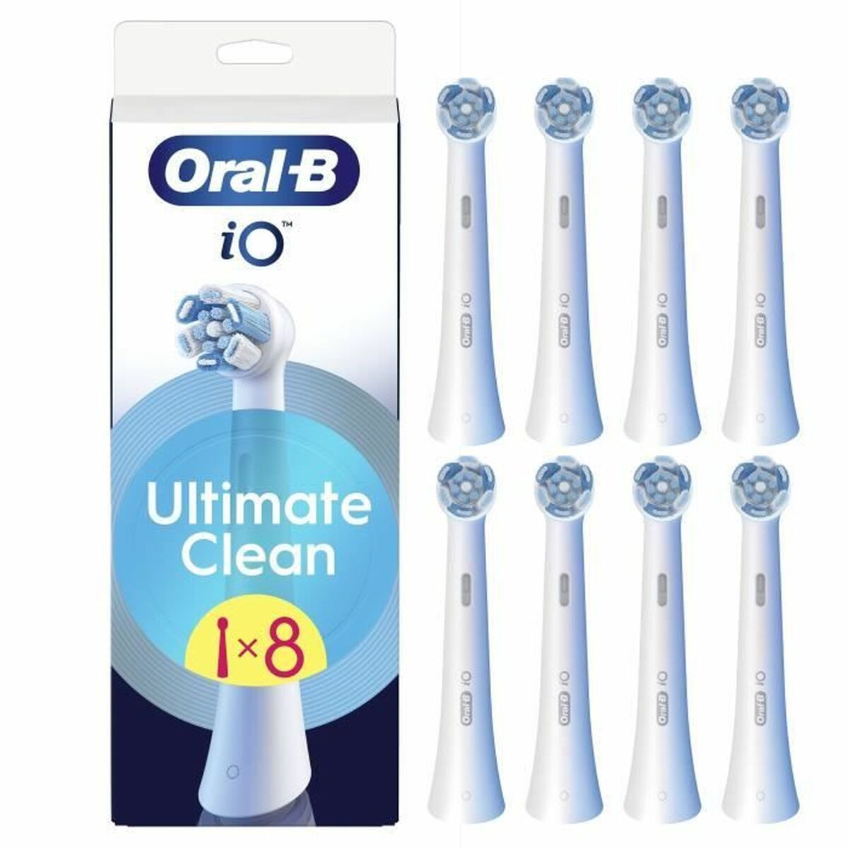 Tête de rechange Oral-B iO Ultimate Clean avec 8 têtes de brosse à dents, design moderne et efficace.