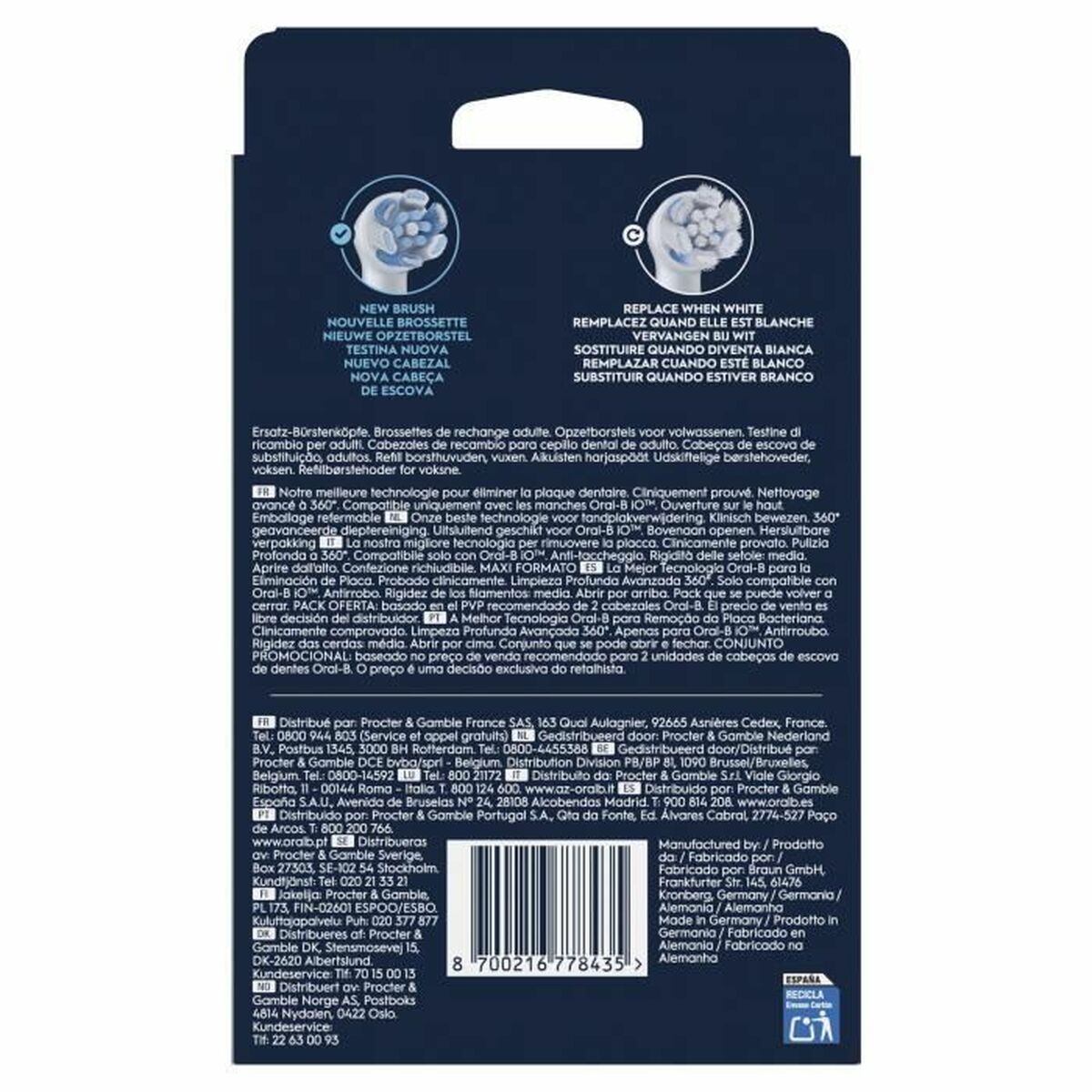 Rear packaging of Oral-B replacement brush head showcasing product details and usage instructions.