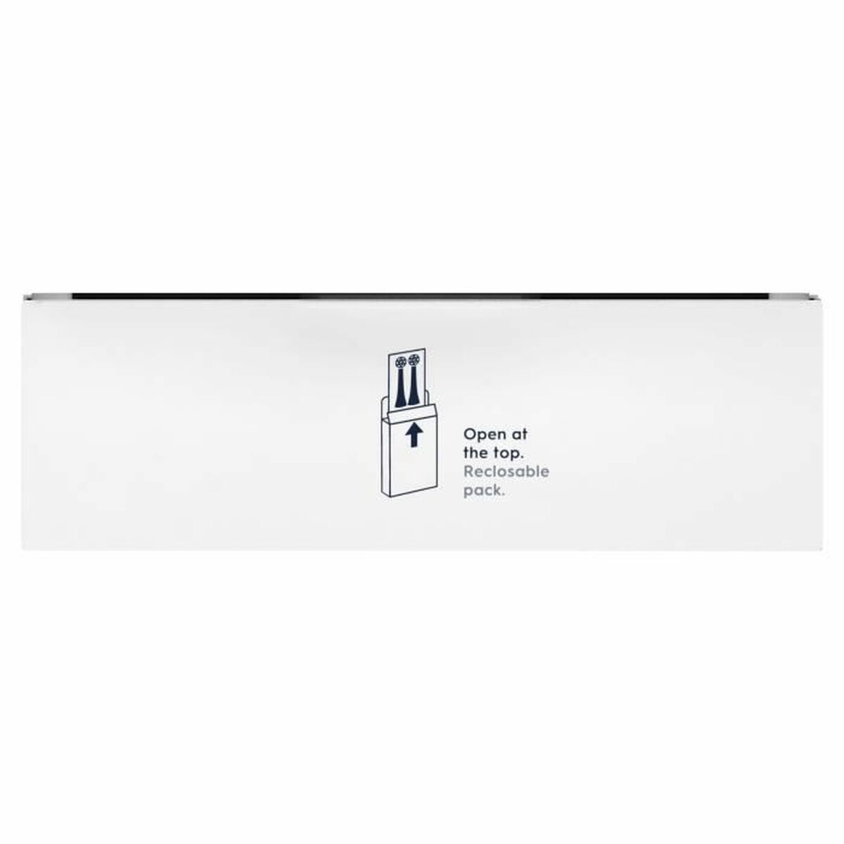Recyclable packaging instructions for Oral-B replacement heads with an open at the top indicator.