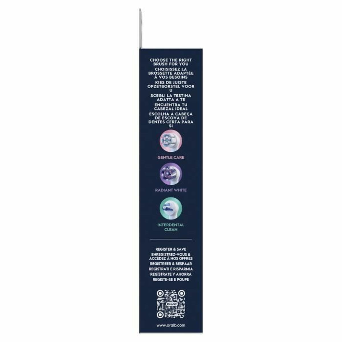 Instructions for choosing Oral-B toothbrush heads with options for gentle care, radiant white, and interdental clean.