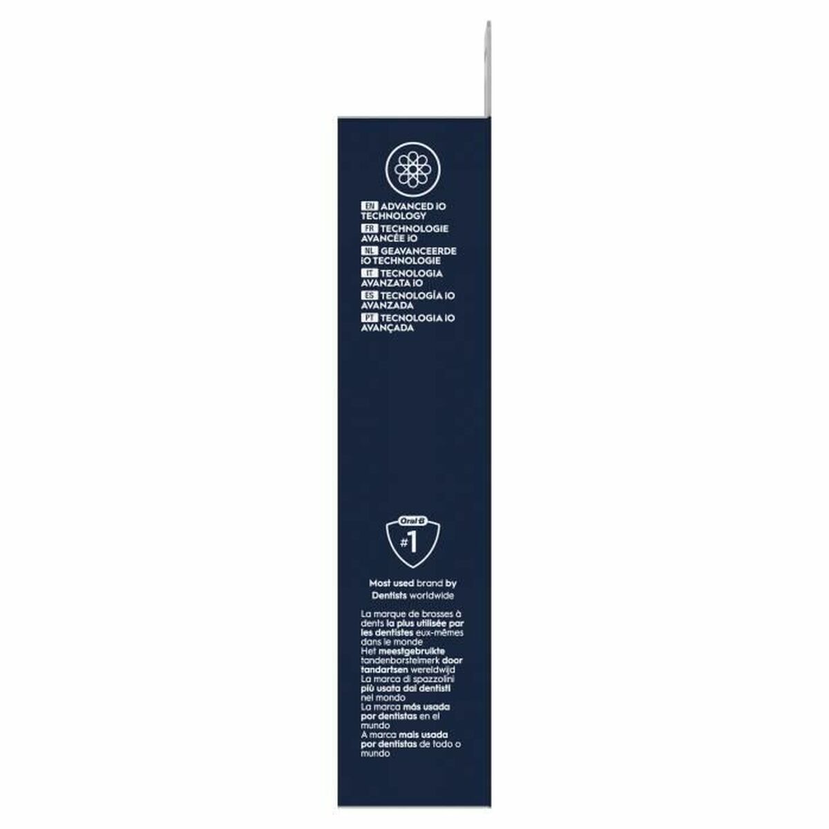 Étiquette de côté de la tête de rechange Oral-B, présentant la technologie avancée et les instructions.