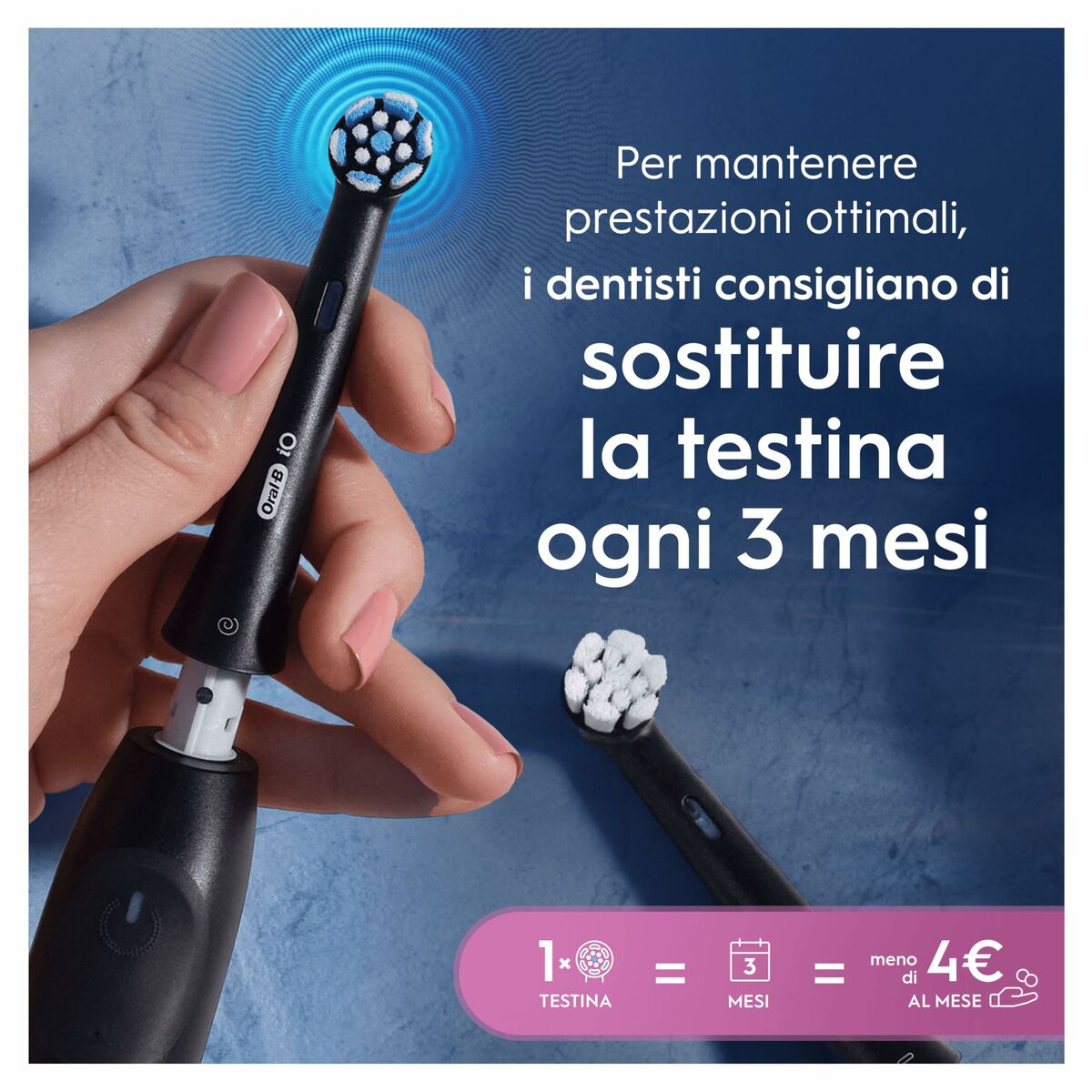 Tête de rechange Oral-B montrant des recommandations de remplacement pour une hygiène buccale optimale.