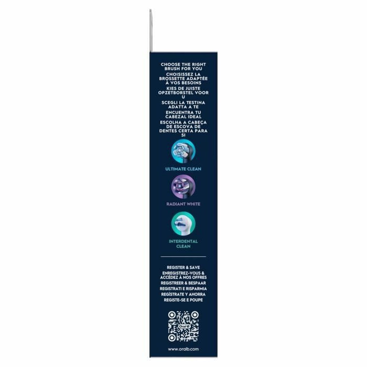 Side view of Oral-B brush head packaging detailing cleaning options: Ultimate Clean, Radiant White, and Interdental Clean.