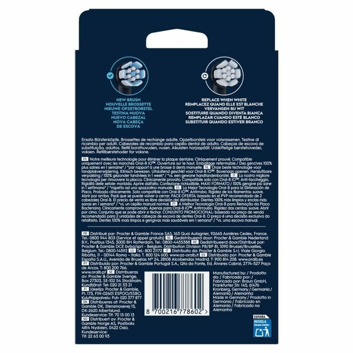 Tête de rechange Oral-B pour brosse à dents, arrière de l'emballage avec instructions et informations de sécurité.