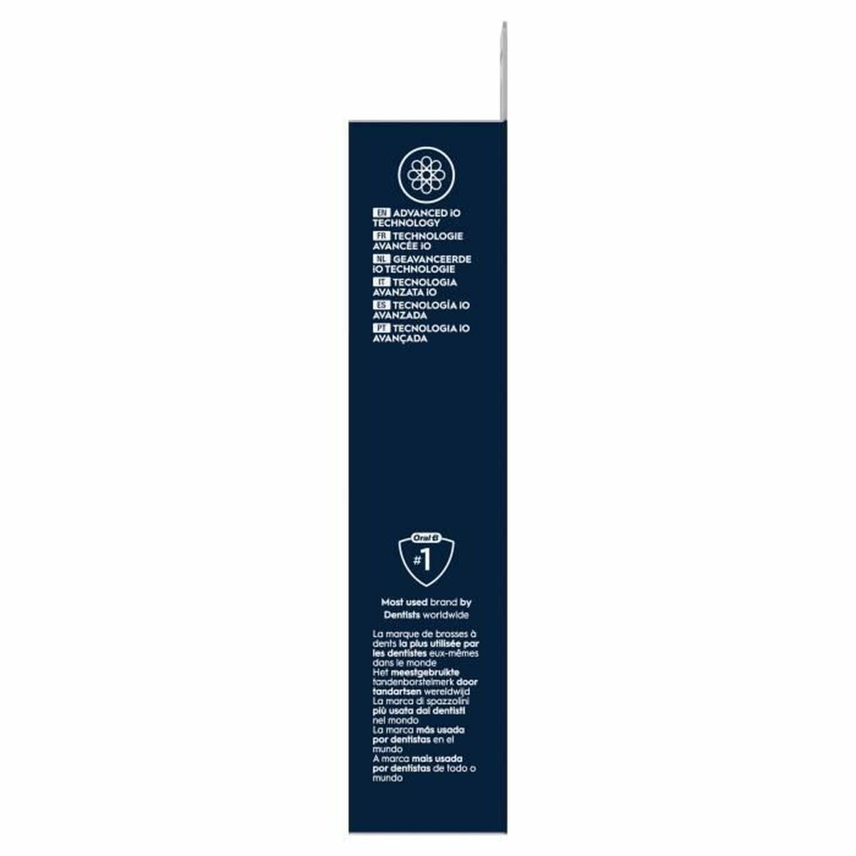 Side view of Oral-B replacement head packaging featuring advanced technology details in multiple languages.