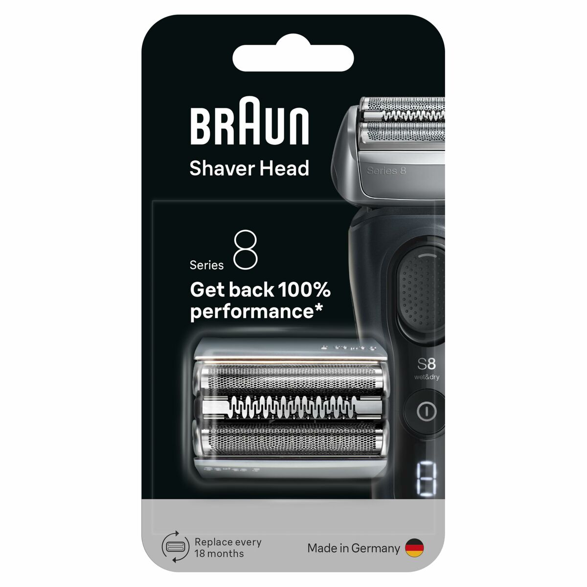 Tête de rechange Braun Series 8 dans son packaging, fabriquée en Allemagne, garantissant 100% de performance.