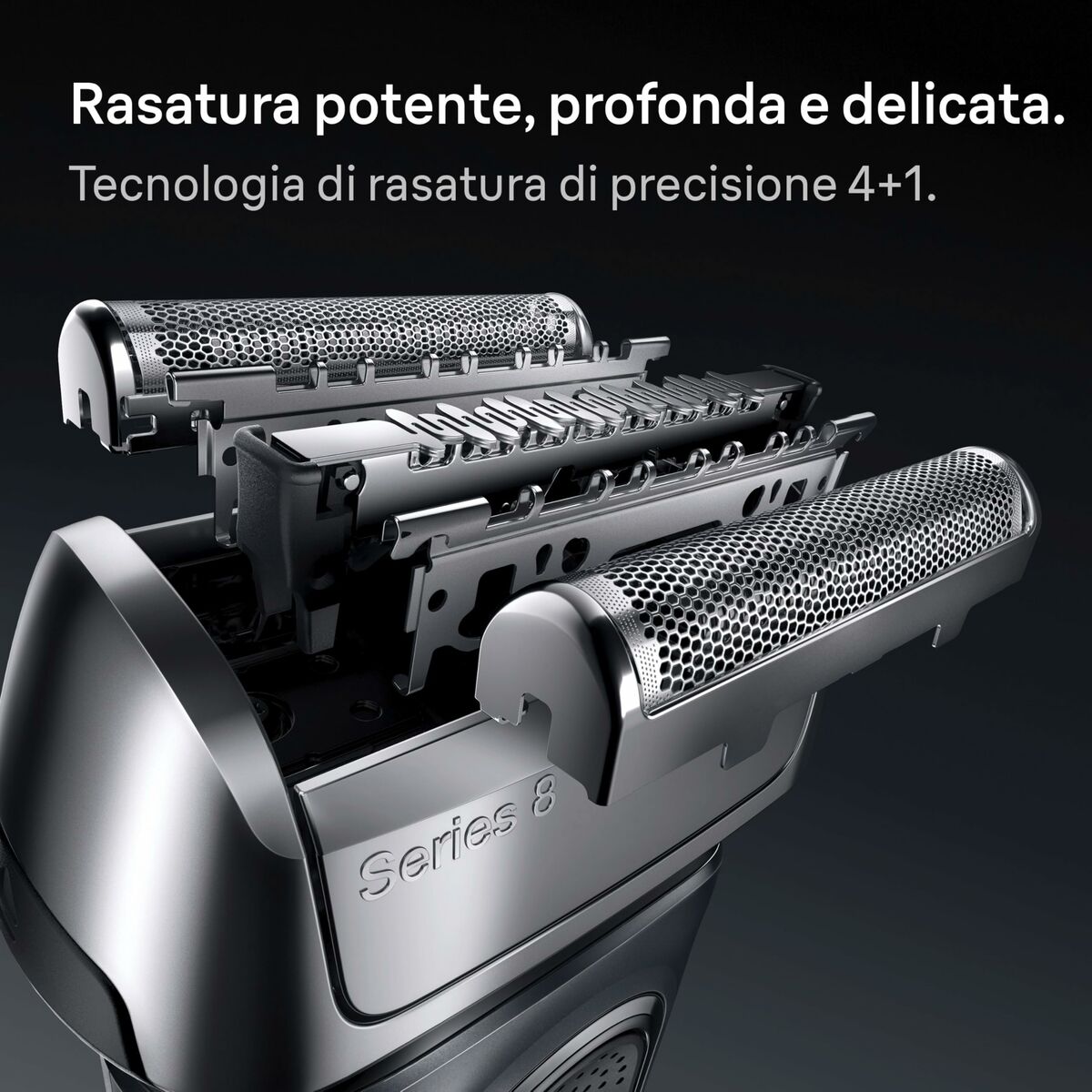 Close-up of Braun Series 8 razor head showcasing 4+1 precision shaving technology for a close and gentle shave.
