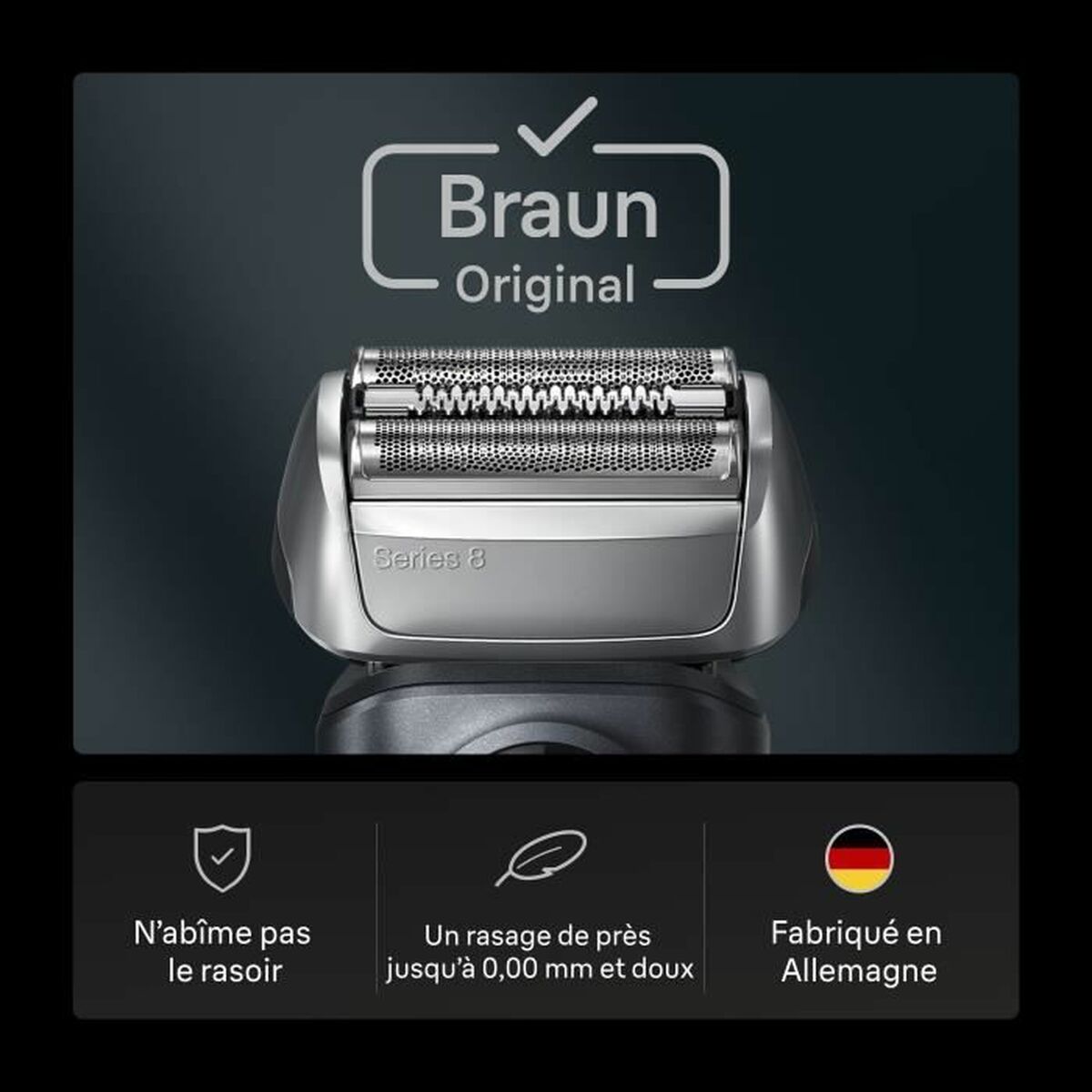 Tête de rechange Braun Series 8, rasage précis et doux, fabriquée en Allemagne, conçue pour ne pas abîmer le rasoir.