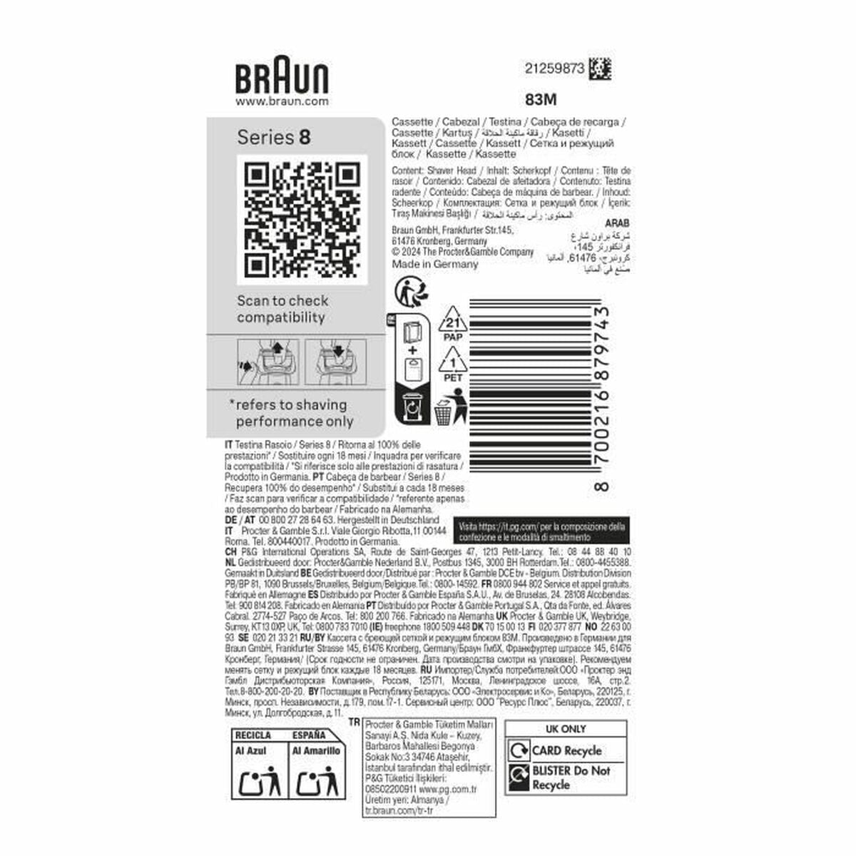 Braun Series 8 replacement head packaging with QR code and product details for compatibility and use.