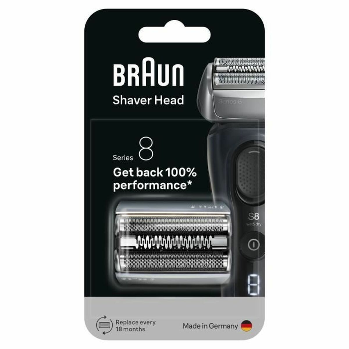 Tête de rechange Braun Series 8 dans son emballage, garantissant 100% de performance, fabriquée en Allemagne.