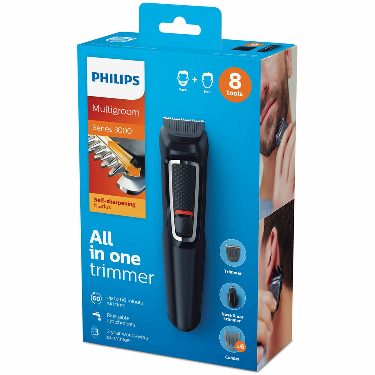 Philips All in One trimmer packaging featuring multifunctional tools and self-sharpening blades for grooming.