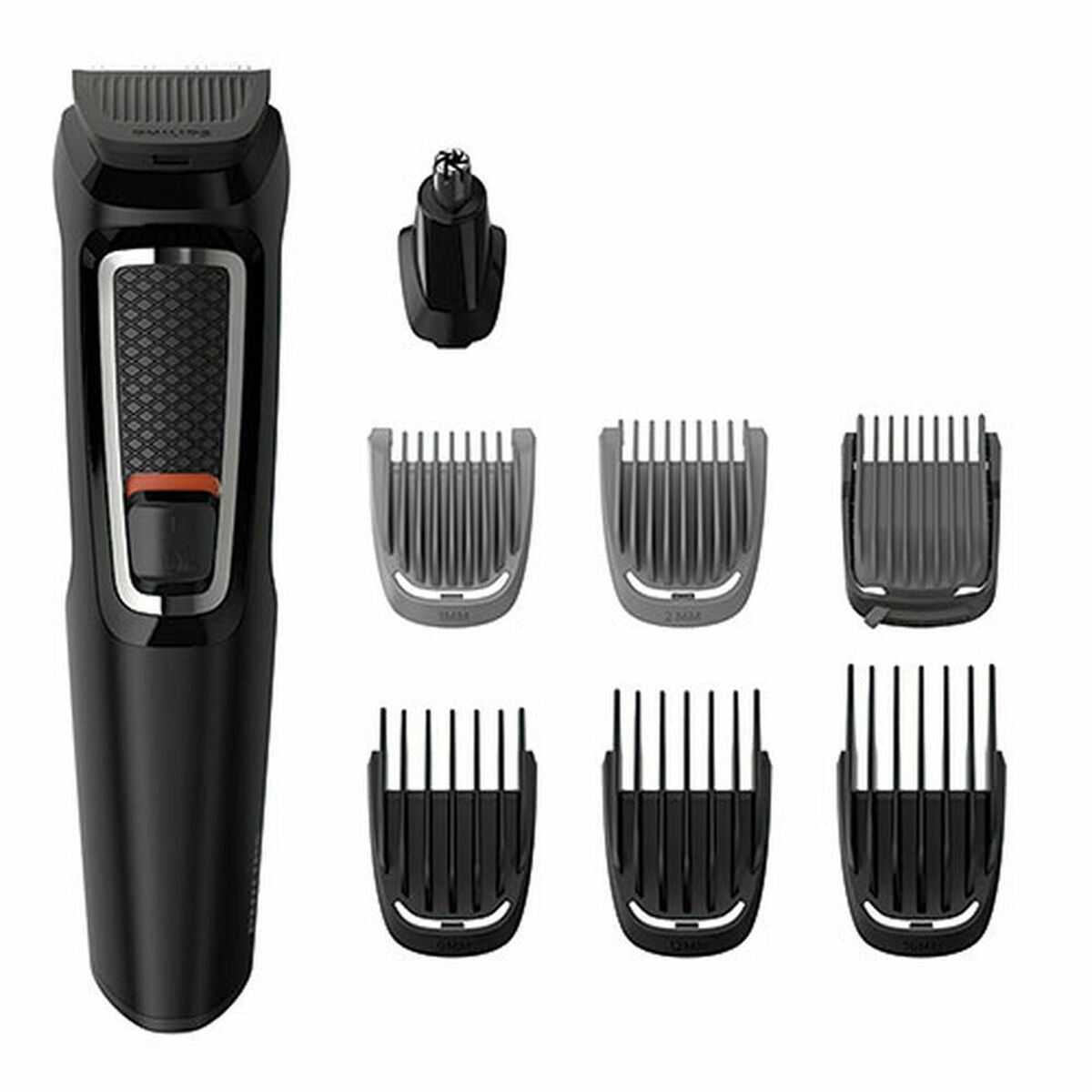 Tondeuse Philips All in one trimmer Multifonction with accessories including comb attachments and nose trimmer.