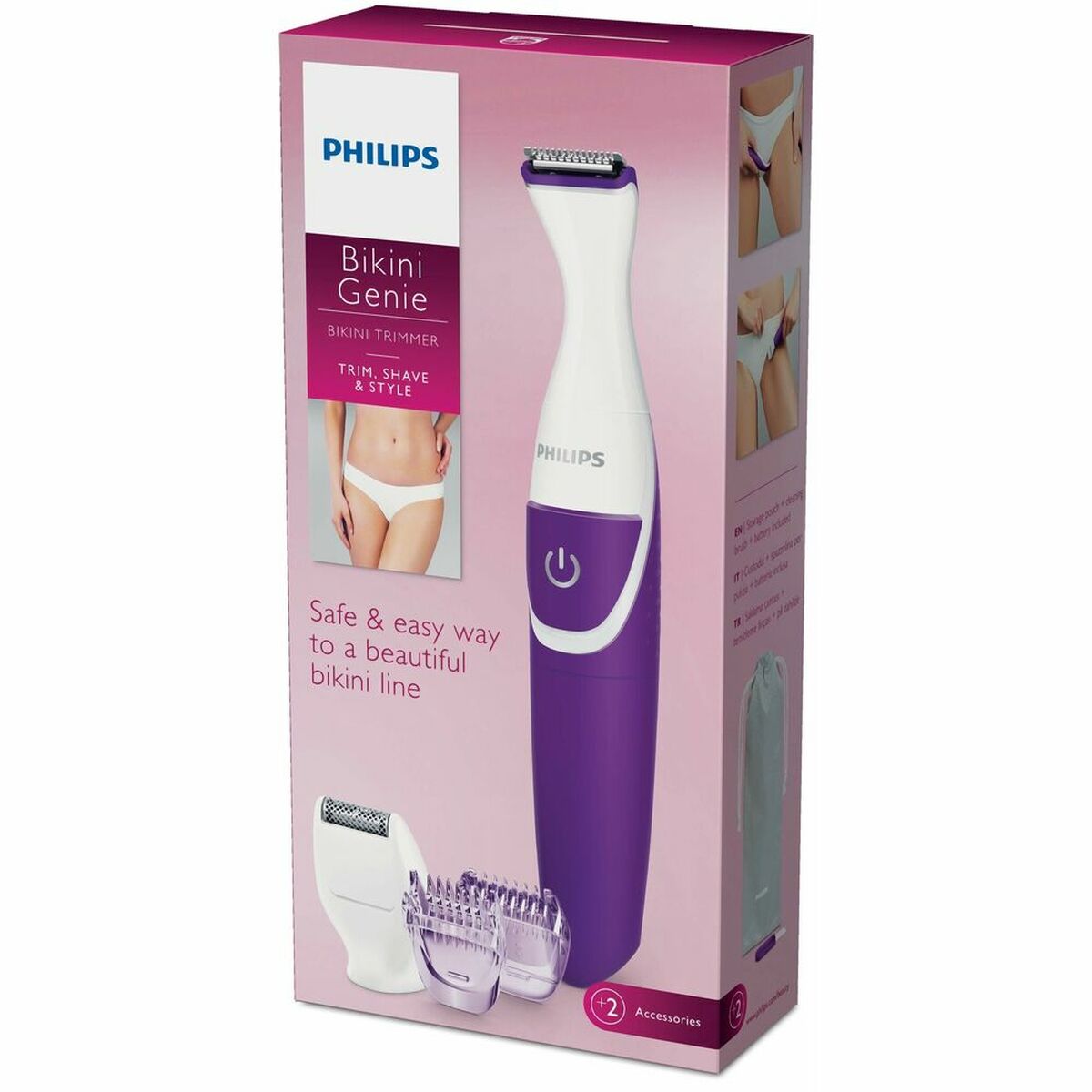 Philips Bikini Genie trimmer in packaging, designed for safe and easy bikini line grooming.