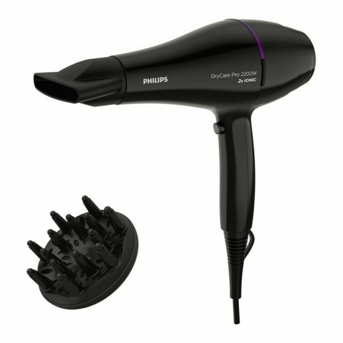 Sèche-cheveux Philips BHD274/00 Noir 2200 W avec diffuseur, idéal pour tous types de cheveux, design professionnel.