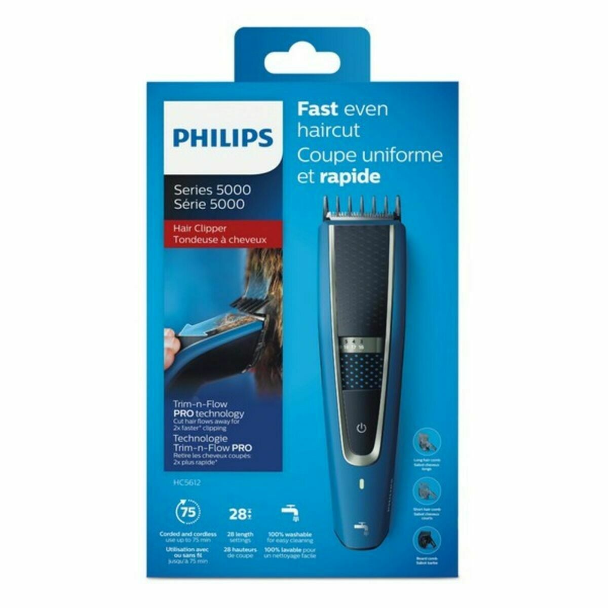 Philips HC5612/15 hair clipper packaging with Trim-n-Flow PRO technology for fast, even haircuts.