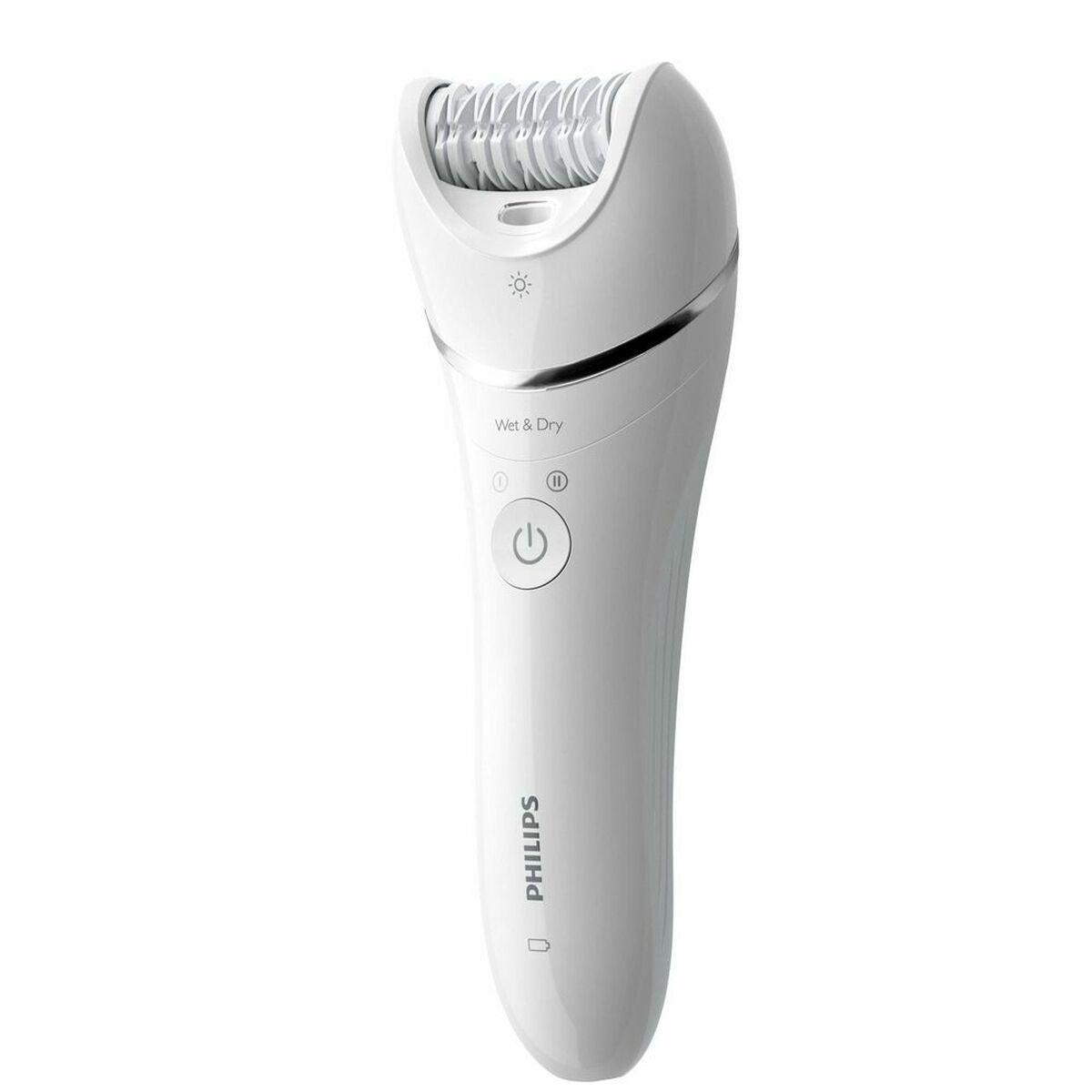 Épilateur électrique Philips Wet & Dry Series 8000, blanc, ergonomique et sans fil, idéal pour l'hygiène intime.