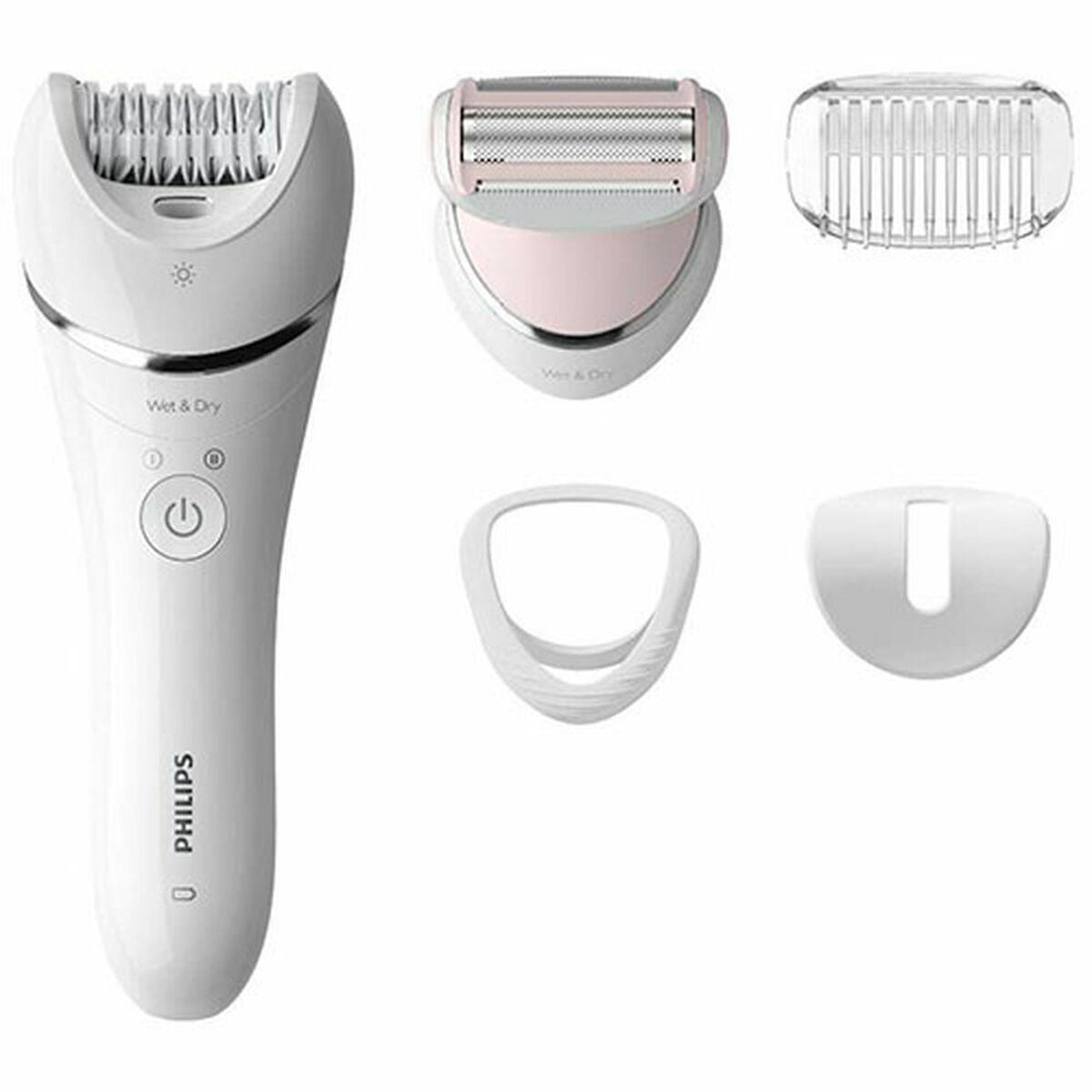 Épilateur électrique Philips Wet & Dry Series 8000 avec accessoires, ergonomique, sans fil et adapté pour usage humide et sec.
