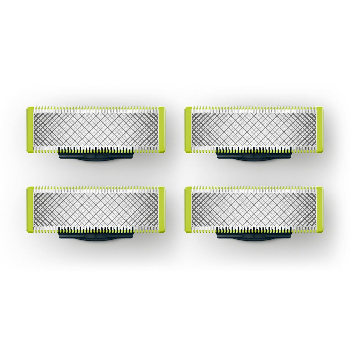 Quad pack of Philips QP240/50 replacement heads for body grooming, featuring a metallic design.