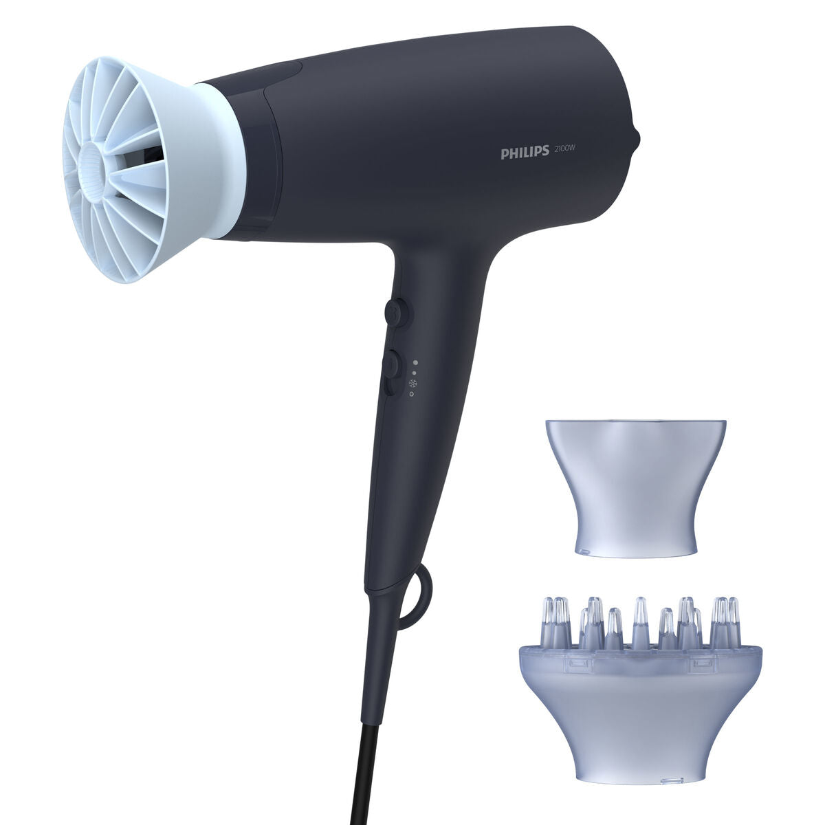 Philips 3000 BHD360/20 hairdryer in deep blue with attachments, 2100W power, designed for home use.