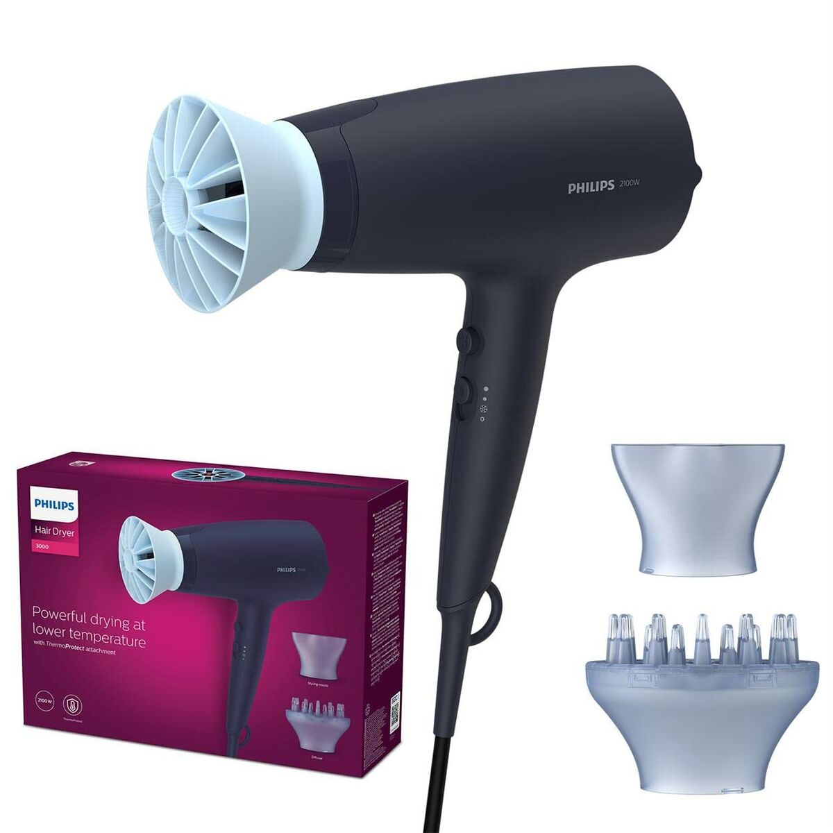 Sèche-cheveux Philips 3000 BHD360/20 en bleu marine, 2100 W, avec accessoire de séchage, et boîte.